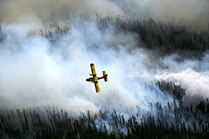 Plane flying over smoking forest